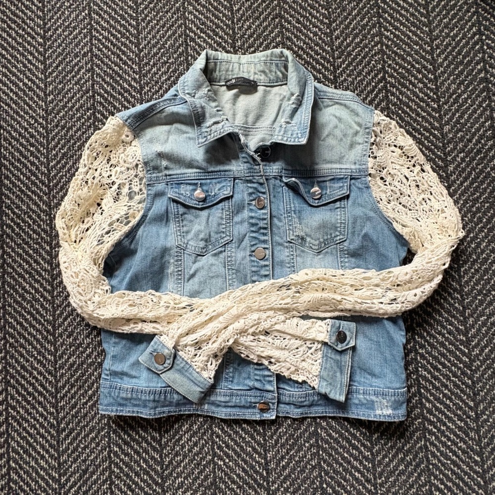 Boho Denim Jacket Crochet Lace Sleeves Distressed Festival Jacket 42